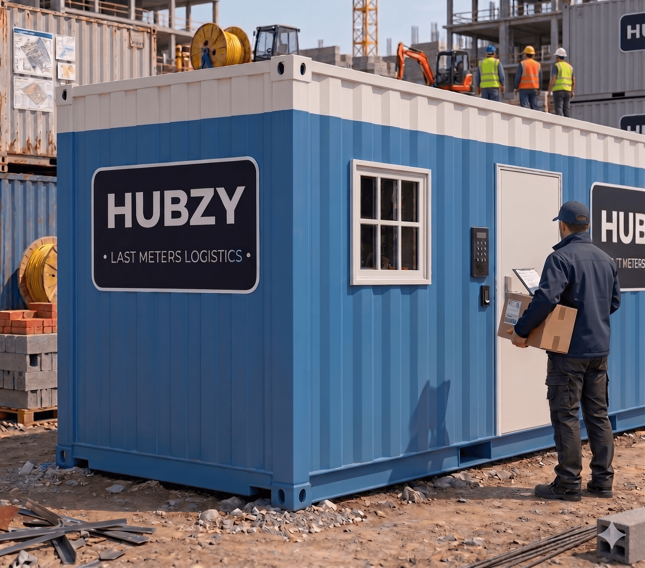 Module HUBZY — conteneur connecté avec livreur scannant un colis