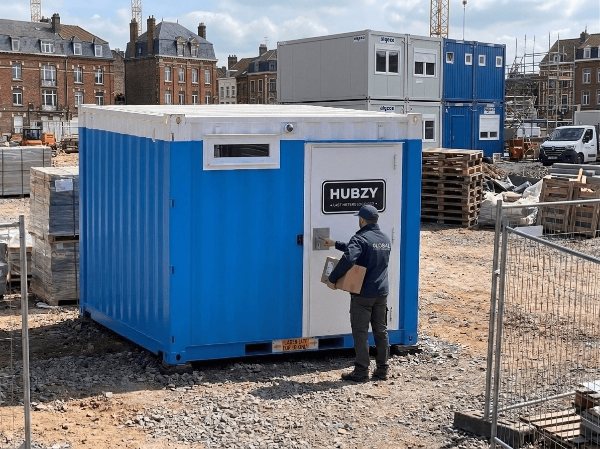 Module HUBZY — conteneur bleu en limite de chantier, grue en arrière-plan